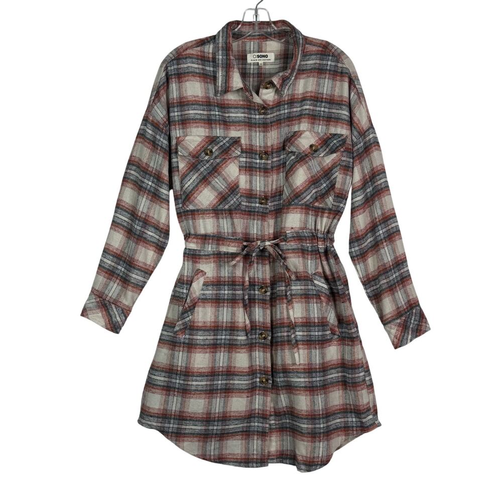 Ci Sono Long Sleeve Plaid Flannel Button Tie Waist Tunic Dress Ivory Womens Med